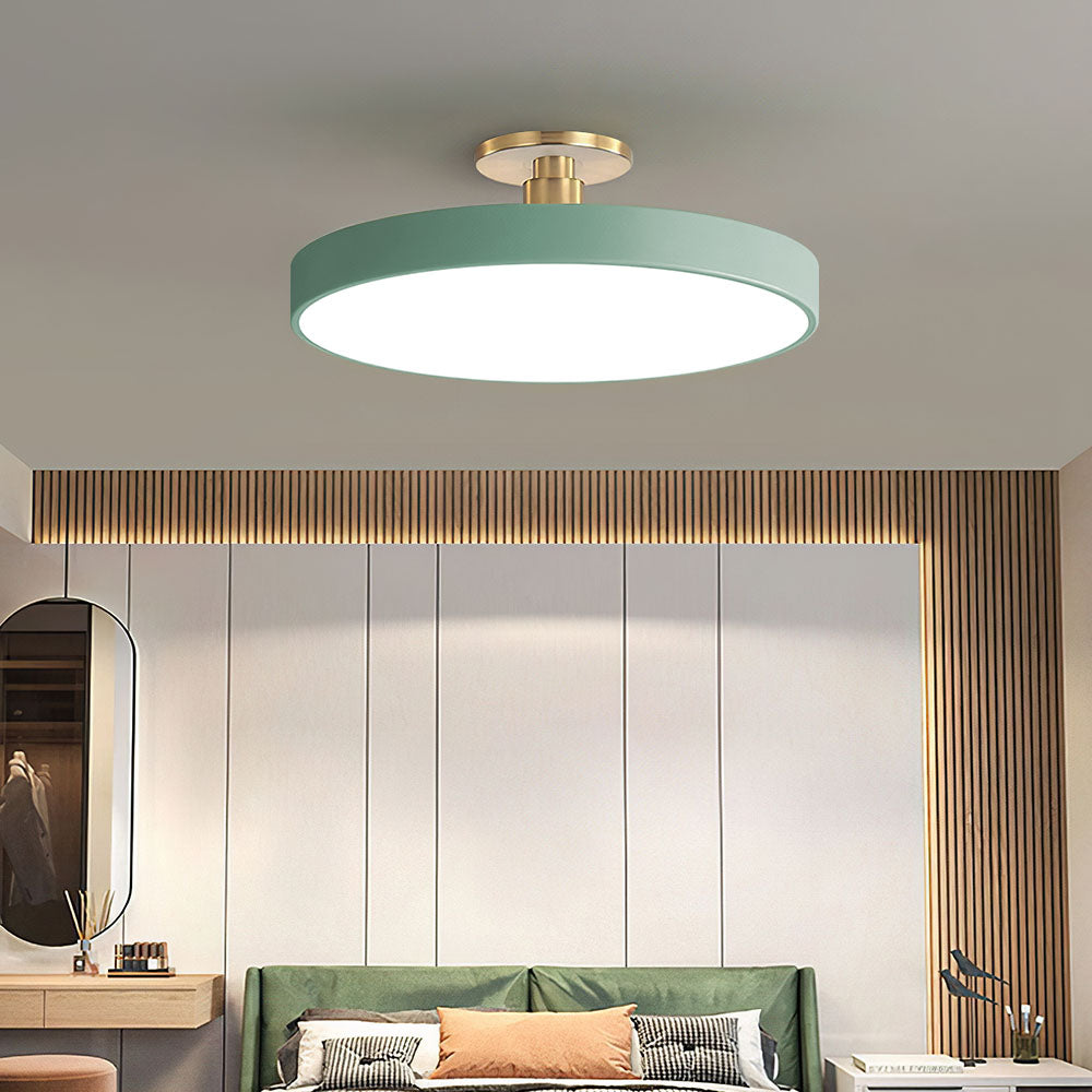 Round LED ceiling light with acrylic shade for living and bedroom spaces