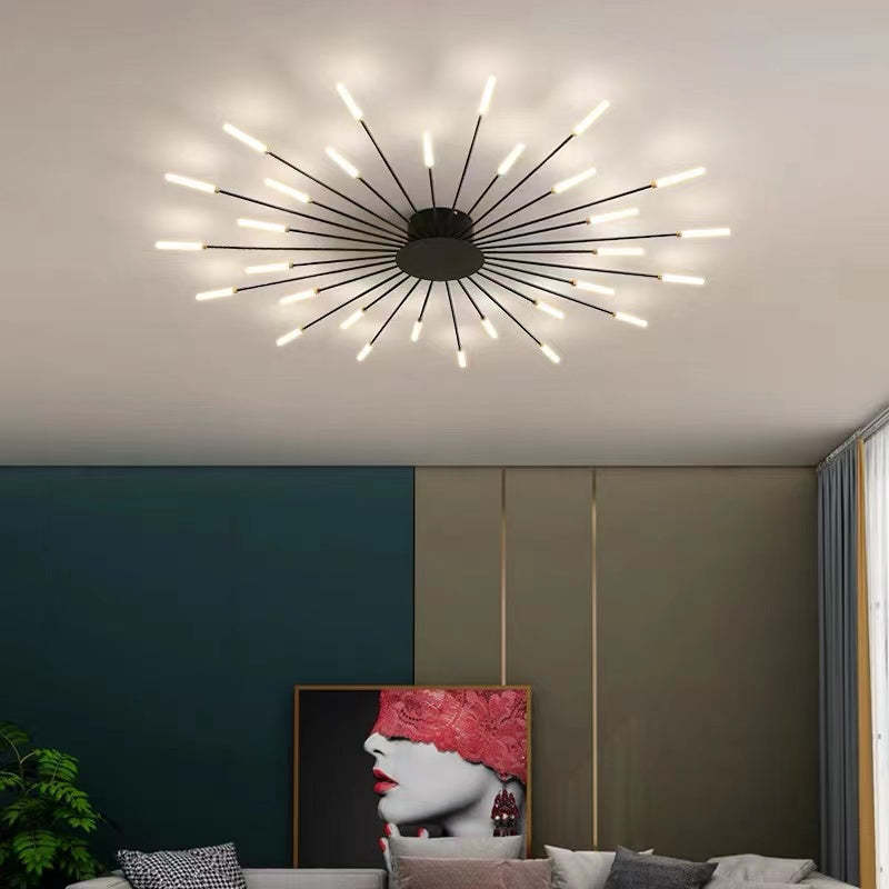 Modern firework-style LED ceiling light in gold and black
