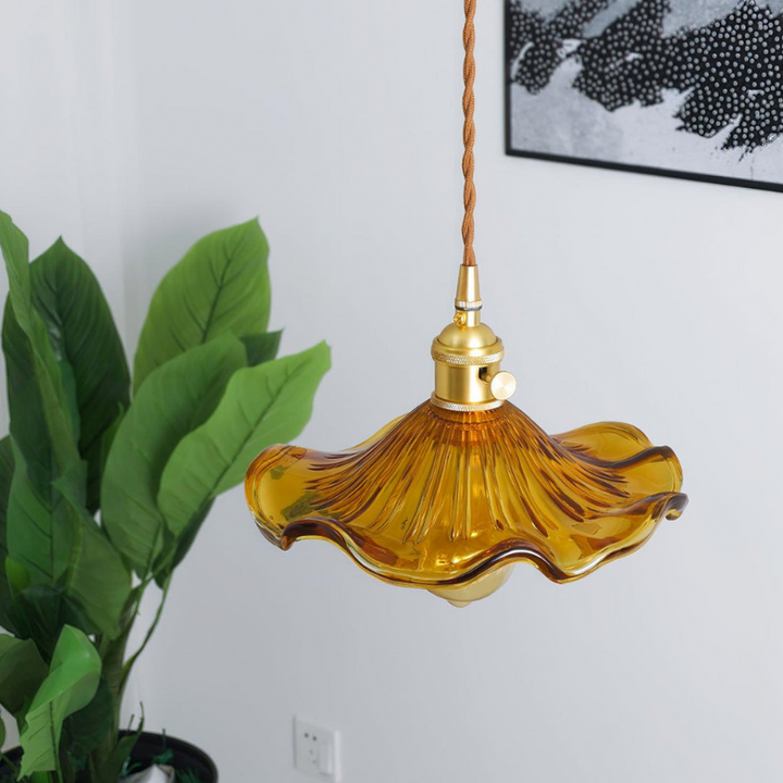 Hibiscus flower pendant light – glass and brass ceiling lamp