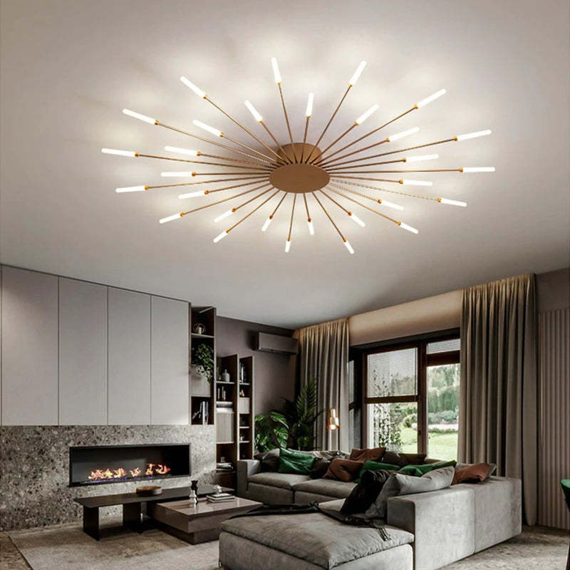Modern firework-style LED ceiling light in gold and black