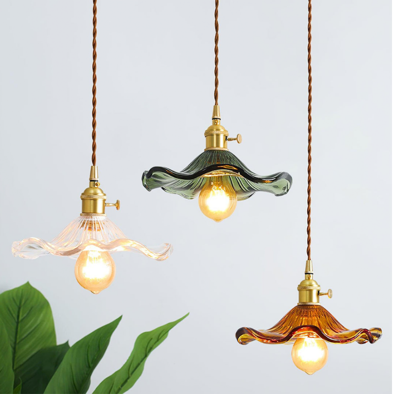 Hibiscus flower pendant light – glass and brass ceiling lamp