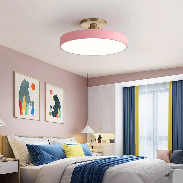 Round LED ceiling light with acrylic shade for living and bedroom spaces
