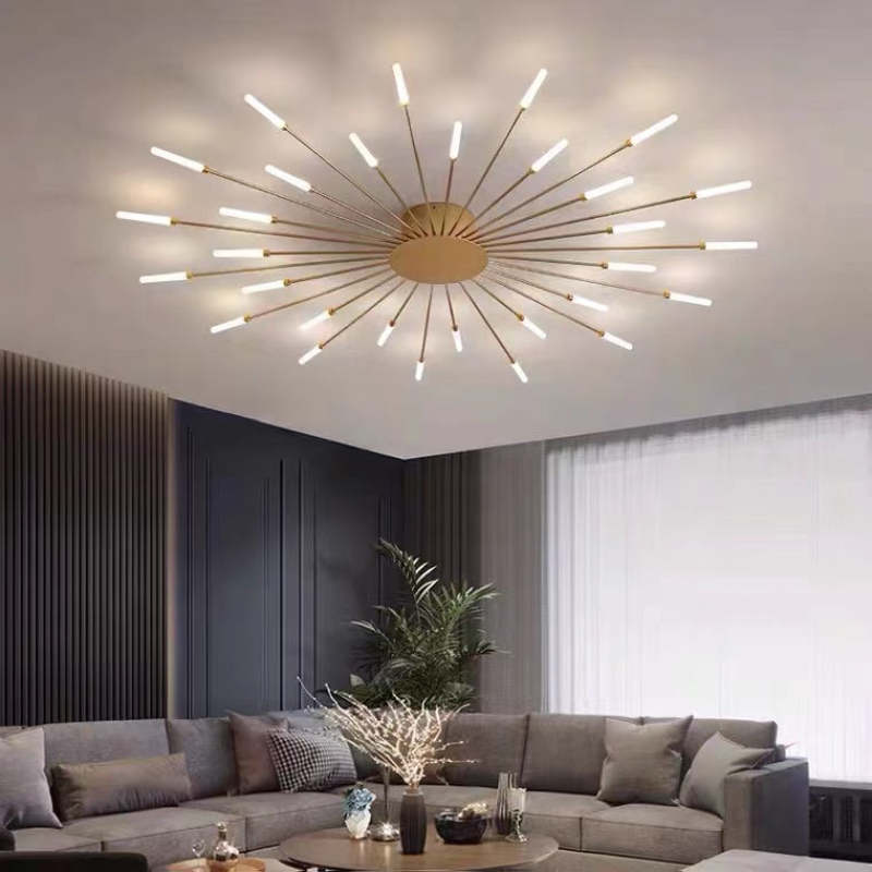 Modern firework-style LED ceiling light in gold and black