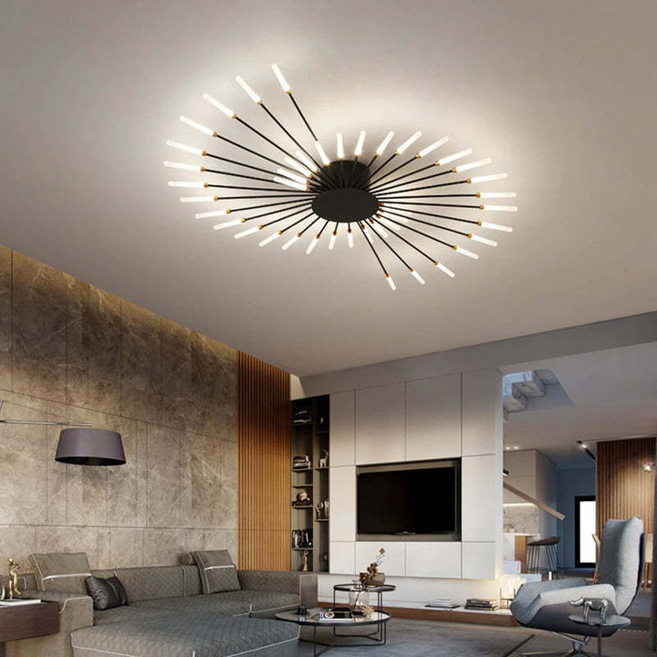 Modern firework-style LED ceiling light in gold and black