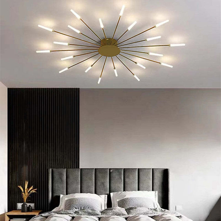 Modern firework-style LED ceiling light in gold and black