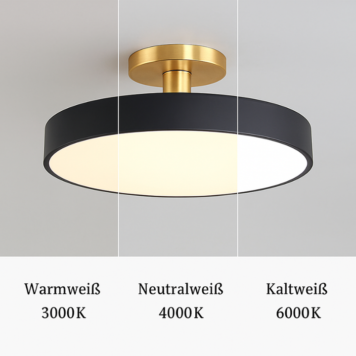 Round LED ceiling light with acrylic shade for living and bedroom spaces