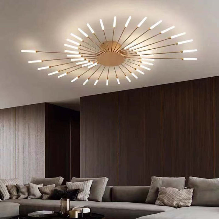 Modern firework-style LED ceiling light in gold and black