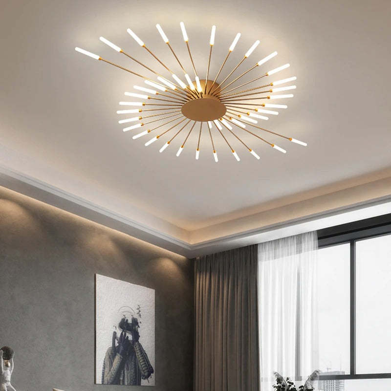 Modern firework-style LED ceiling light in gold and black