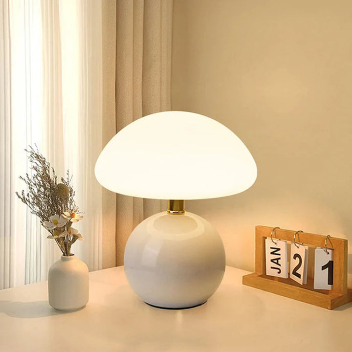 Cream mushroom-style table lamp with adjustable LED light
