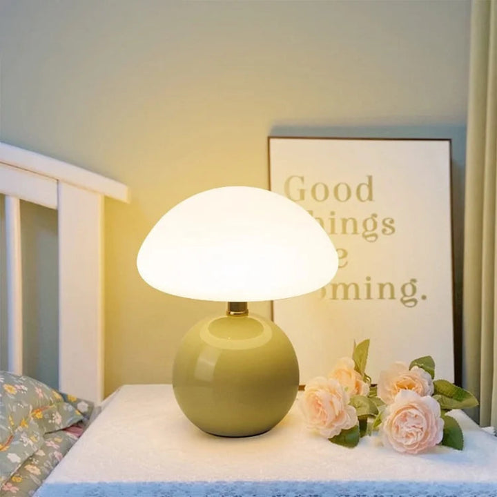 Cream mushroom-style table lamp with adjustable LED light