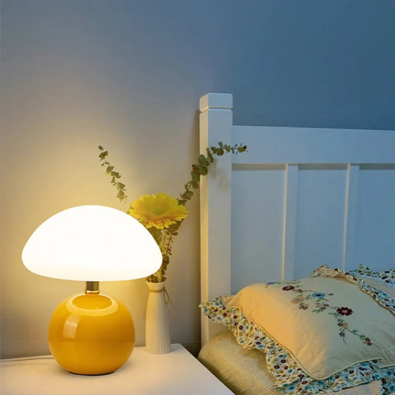 Cream mushroom-style table lamp with adjustable LED light