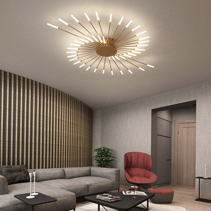 Modern firework-style LED ceiling light in gold and black